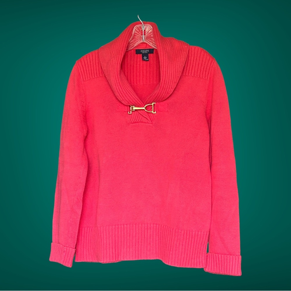 Chaps Coral Knit Sweater w/ oversized collar & gold buckle- Women’s Size Large
